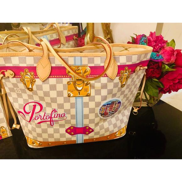 Louis Vuitton Neverfull MM Portofino Damier Azur Summer Trunk Bag Purse Rare LTD - Picture 15 of 16